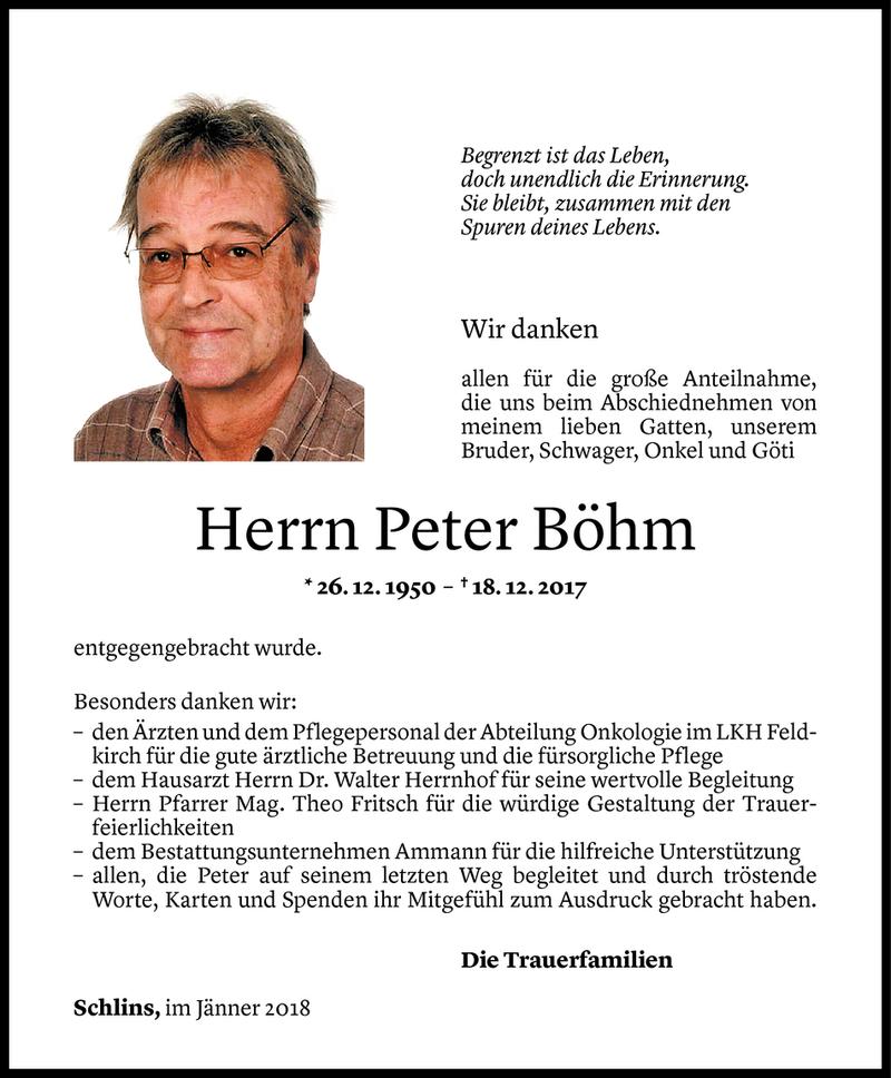  Todesanzeige für Peter Böhm vom 26.01.2018 aus Vorarlberger Nachrichten