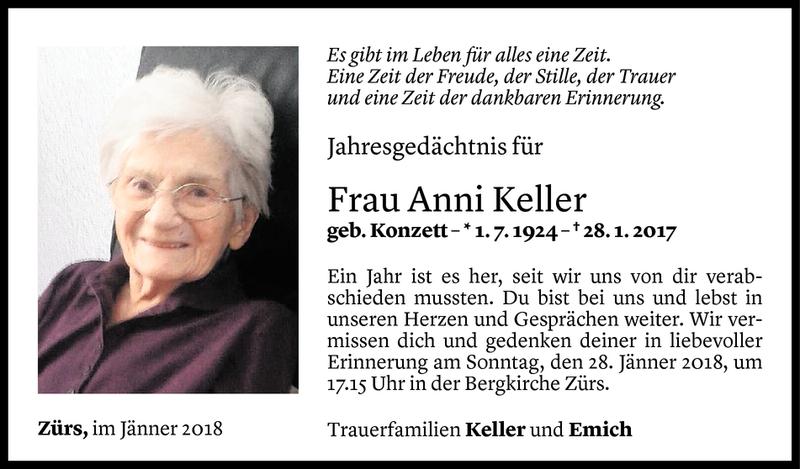  Todesanzeige für Anni Keller vom 24.01.2018 aus Vorarlberger Nachrichten