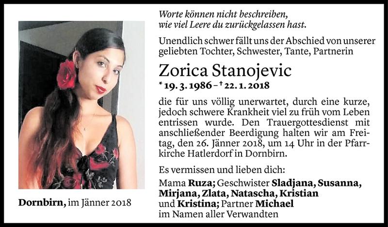  Todesanzeige für Zorica Stanojevic vom 24.01.2018 aus Vorarlberger Nachrichten