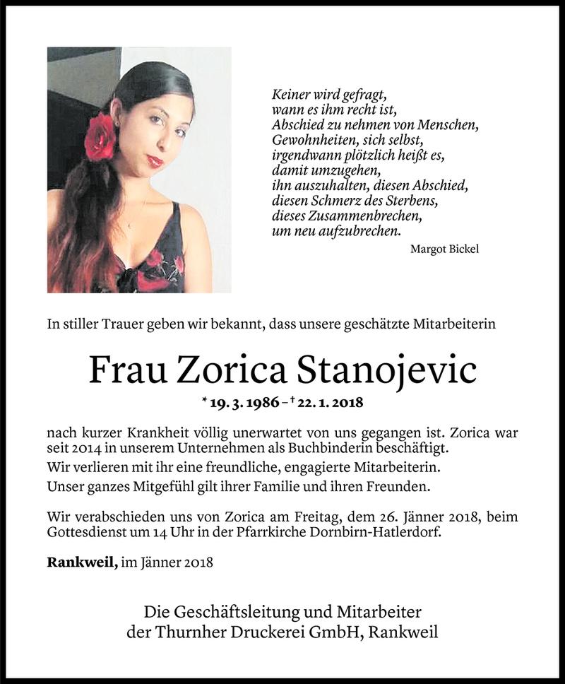  Todesanzeige für Zorica Stanojevic vom 24.01.2018 aus Vorarlberger Nachrichten