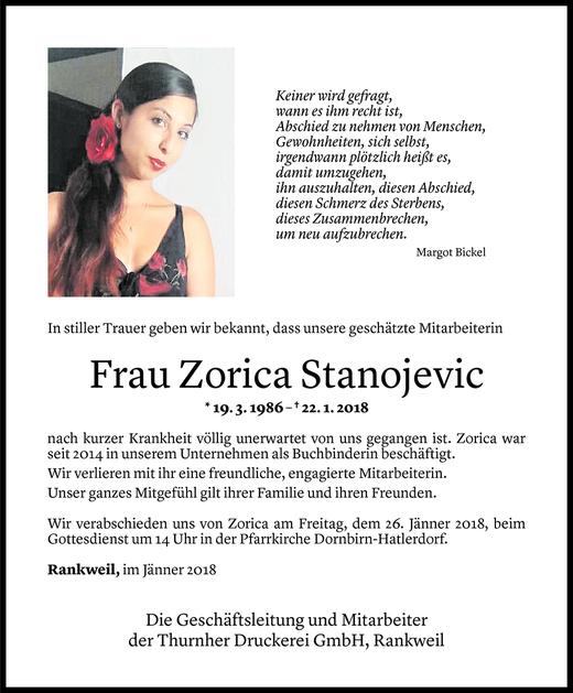 Todesanzeige von Zorica Stanojevic von Vorarlberger Nachrichten