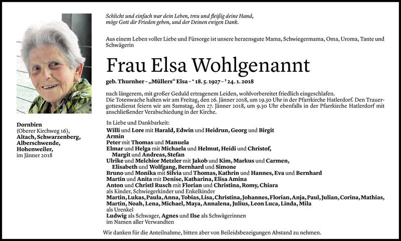  Todesanzeige für Elsa Wohlgenannt vom 24.01.2018 aus Vorarlberger Nachrichten