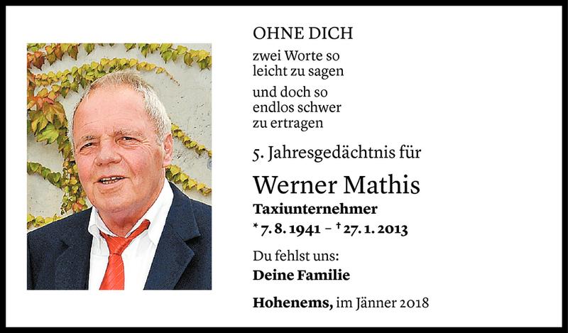  Todesanzeige für Werner Mathis vom 27.01.2018 aus Vorarlberger Nachrichten