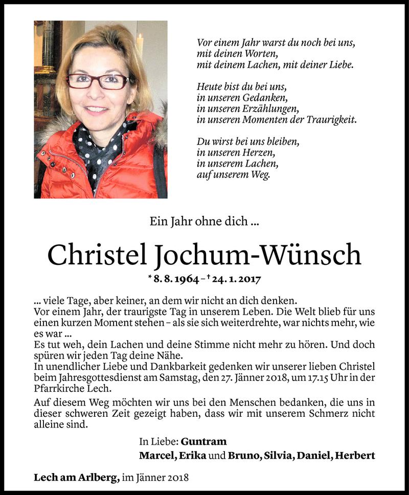  Todesanzeige für Christel Jochum-Wünsch vom 25.01.2018 aus Vorarlberger Nachrichten