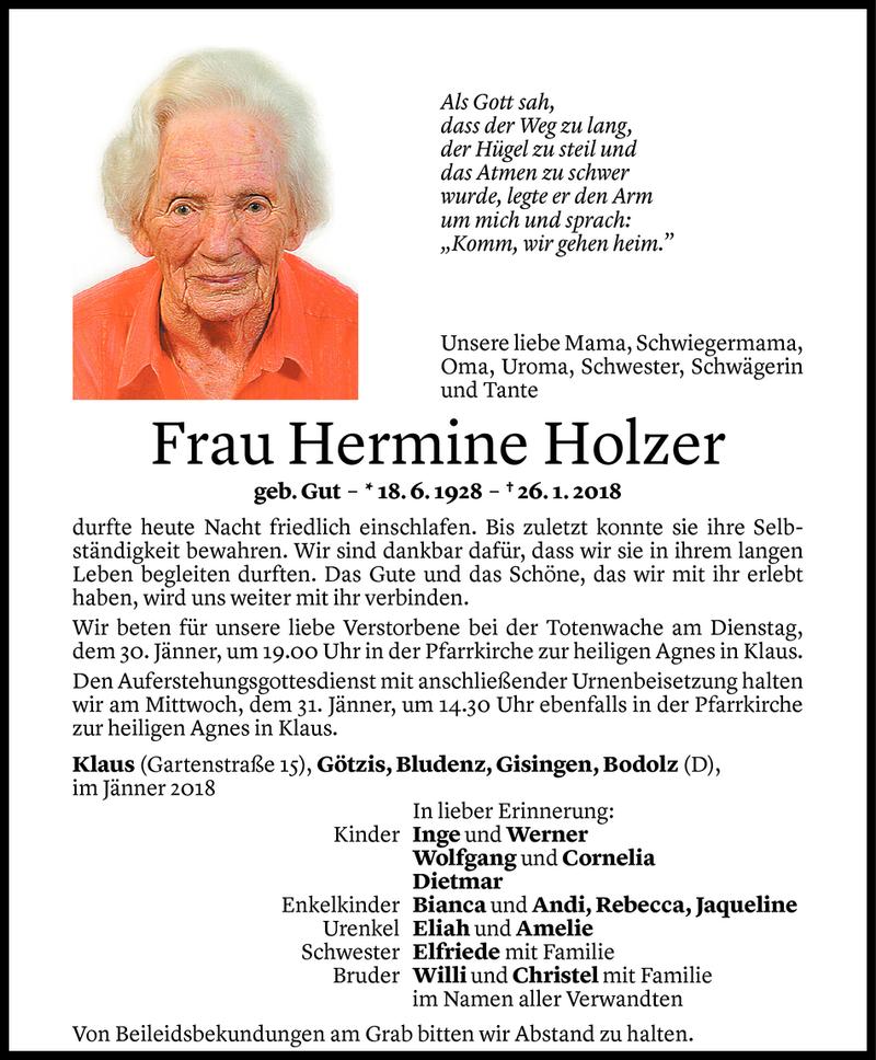  Todesanzeige für Hermine Holzer vom 27.01.2018 aus Vorarlberger Nachrichten