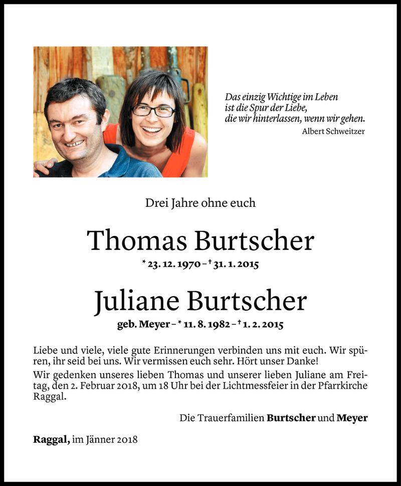  Todesanzeige für Thomas und Juliane Burtscher vom 26.01.2018 aus Vorarlberger Nachrichten