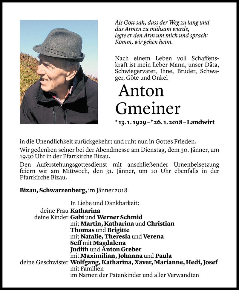  Todesanzeige für Anton Gmeiner vom 28.01.2018 aus Vorarlberger Nachrichten