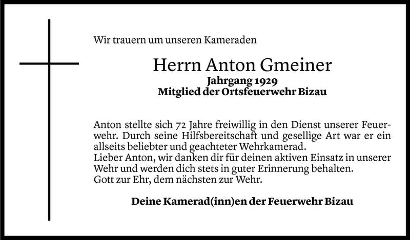  Todesanzeige für Anton Gmeiner vom 28.01.2018 aus Vorarlberger Nachrichten