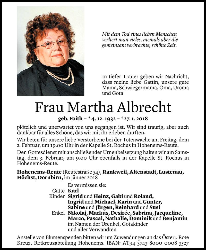  Todesanzeige für Martha Albrecht vom 31.01.2018 aus Vorarlberger Nachrichten