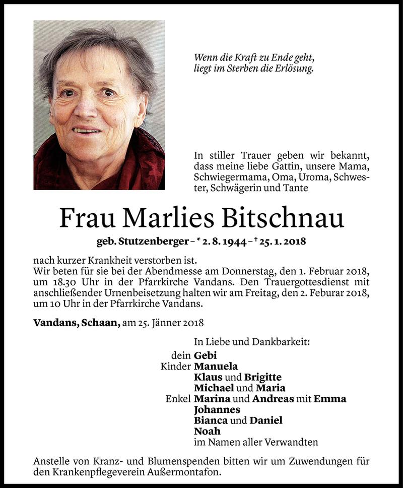  Todesanzeige für Marlies Bitschnau vom 30.01.2018 aus Vorarlberger Nachrichten