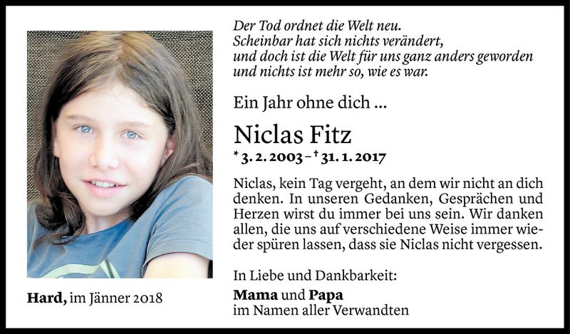  Todesanzeige für Niclas Fitz vom 30.01.2018 aus Vorarlberger Nachrichten