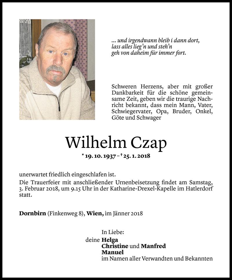  Todesanzeige für Wilhelm Czap vom 30.01.2018 aus Vorarlberger Nachrichten