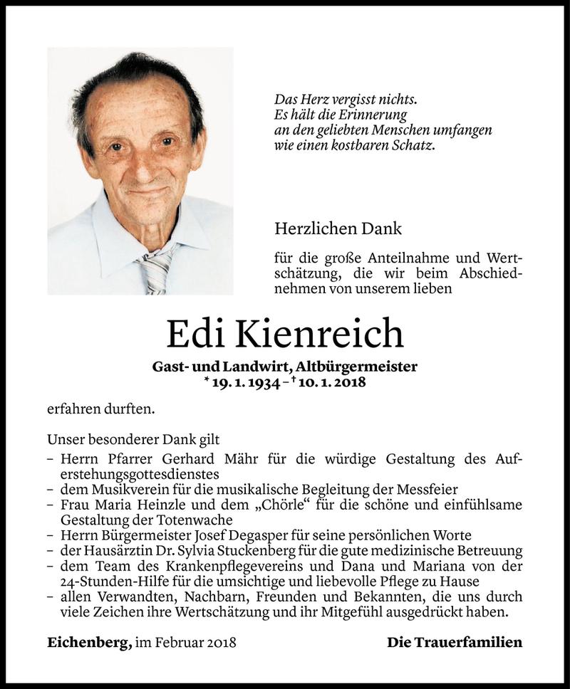  Todesanzeige für Edmund Kienreich vom 01.02.2018 aus Vorarlberger Nachrichten