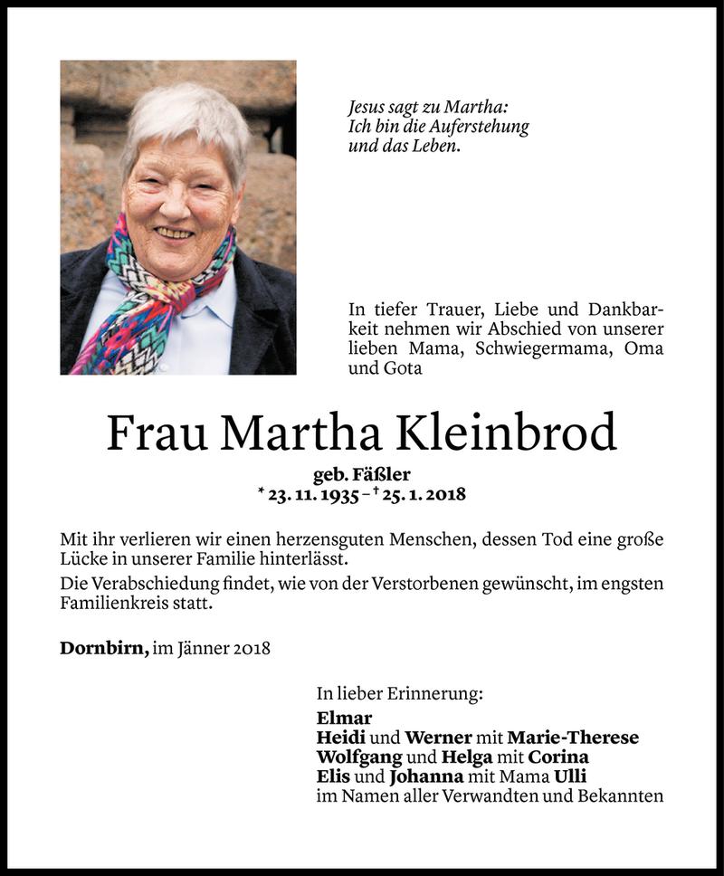  Todesanzeige für Martha Kleinbrod vom 03.02.2018 aus Vorarlberger Nachrichten