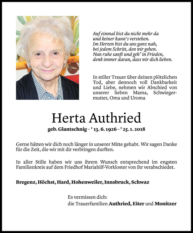  Todesanzeige für Herta Authried vom 03.02.2018 aus Vorarlberger Nachrichten