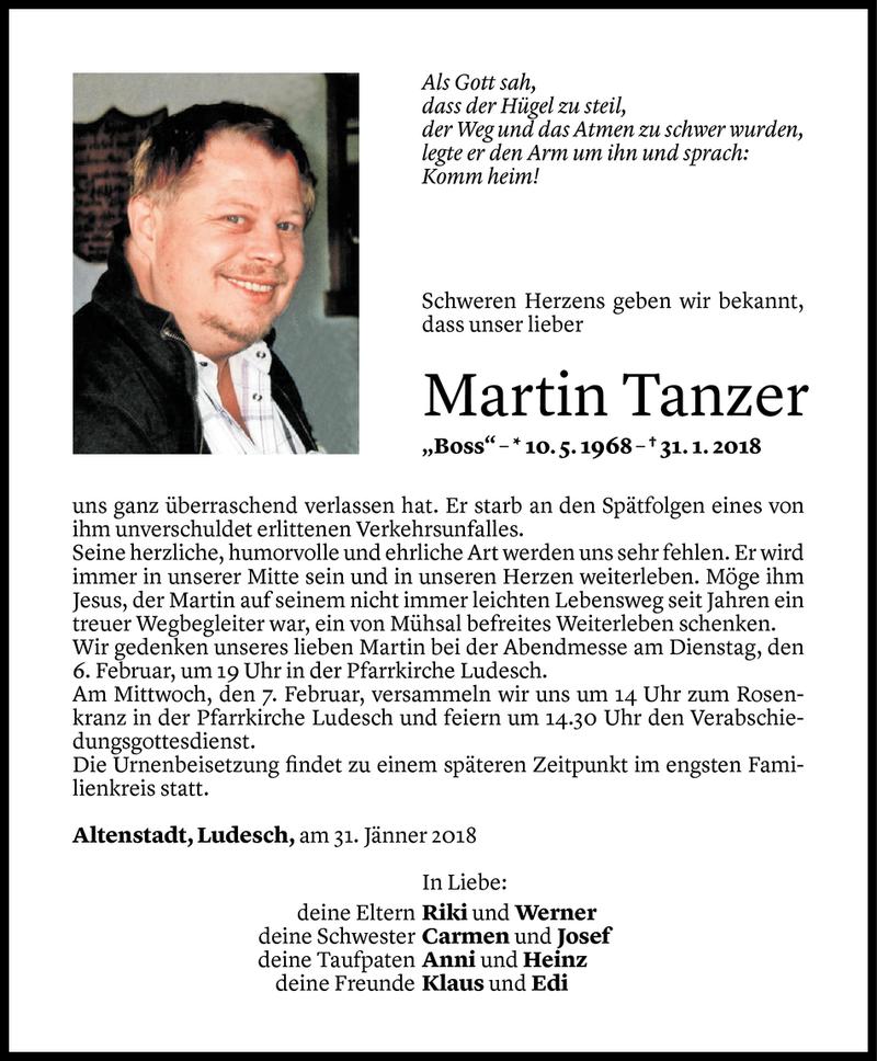  Todesanzeige für Martin Tanzer vom 04.02.2018 aus Vorarlberger Nachrichten