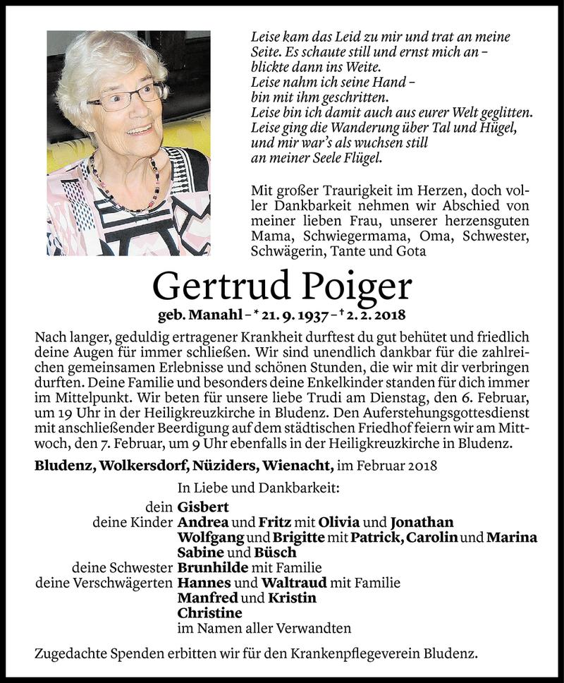  Todesanzeige für Gertrud Poiger vom 05.02.2018 aus Vorarlberger Nachrichten
