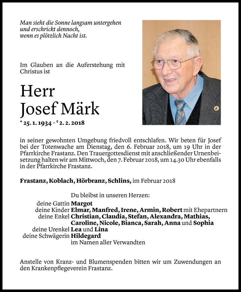  Todesanzeige für Josef Märk vom 04.02.2018 aus Vorarlberger Nachrichten