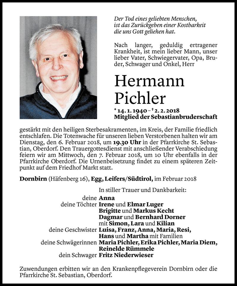  Todesanzeige für Hermann Pichler vom 05.02.2018 aus Vorarlberger Nachrichten