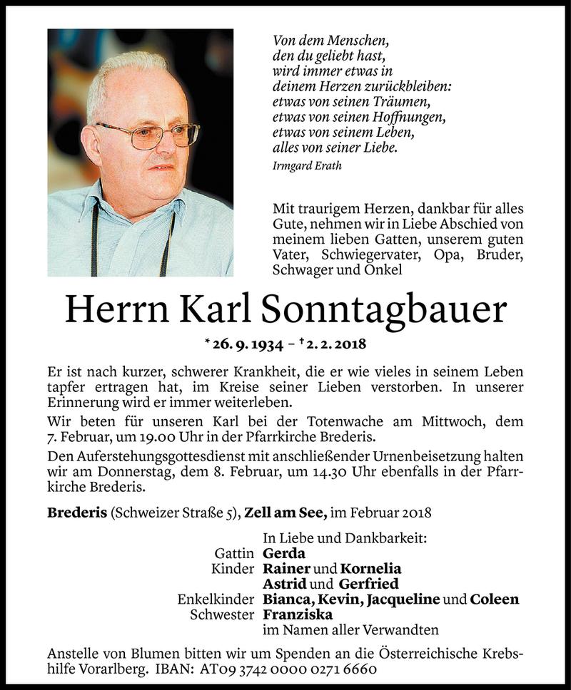  Todesanzeige für Karl Sonntagbauer vom 06.02.2018 aus Vorarlberger Nachrichten