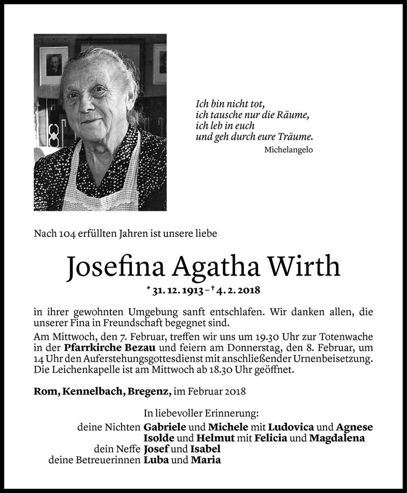  Todesanzeige für Josefina Agatha Wirth vom 05.02.2018 aus Vorarlberger Nachrichten