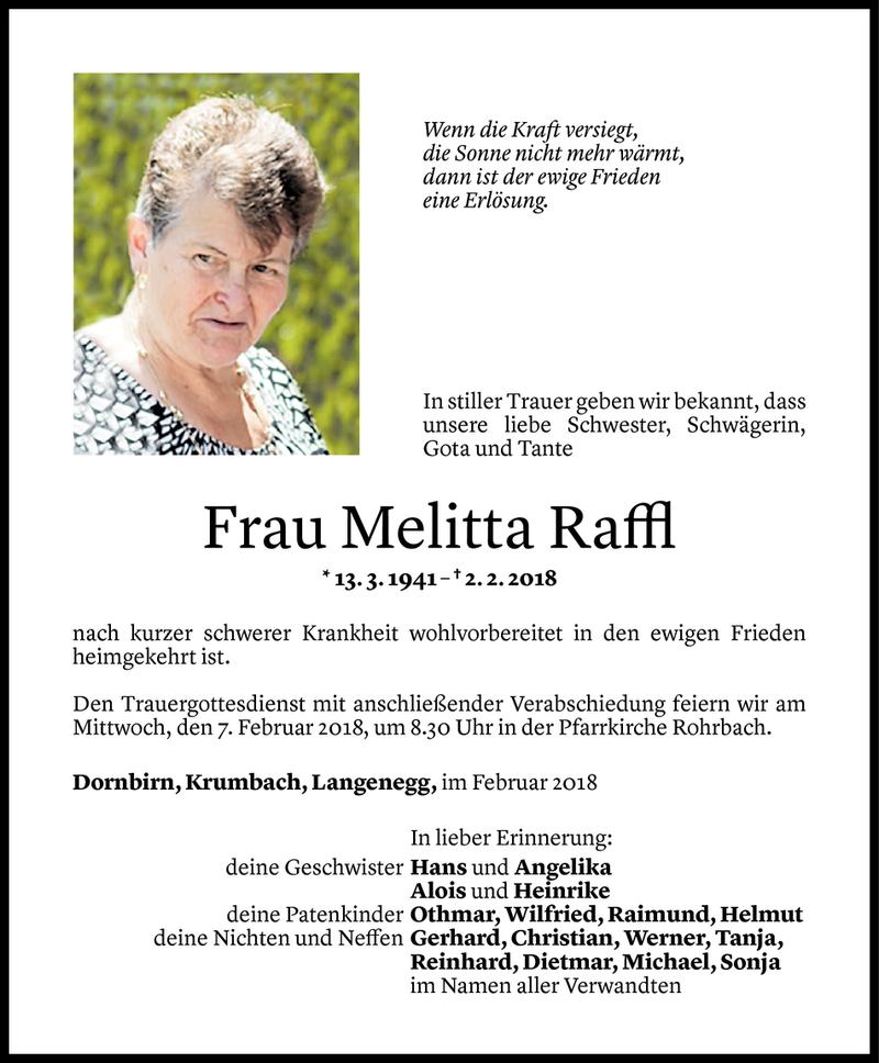  Todesanzeige für Melitta Raffl vom 05.02.2018 aus Vorarlberger Nachrichten