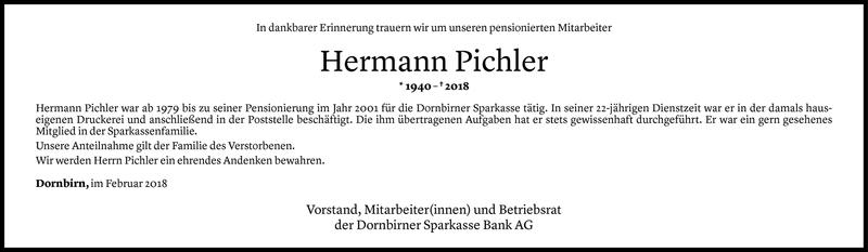  Todesanzeige für Hermann Pichler vom 05.02.2018 aus Vorarlberger Nachrichten