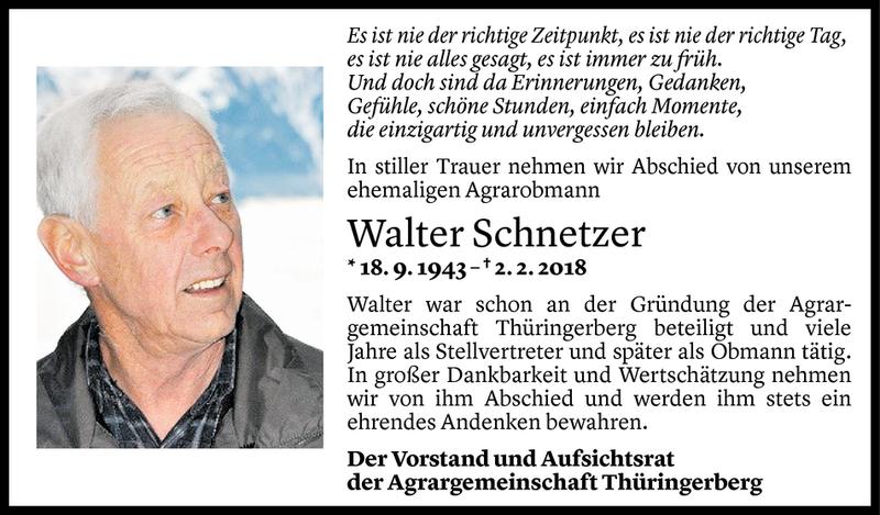  Todesanzeige für Walter Schnetzer vom 05.02.2018 aus Vorarlberger Nachrichten