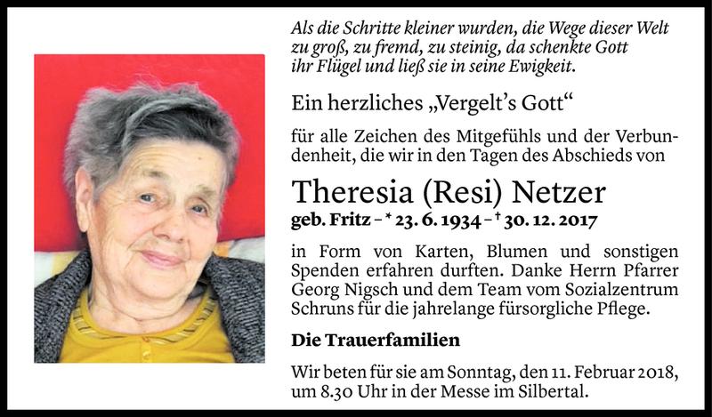  Todesanzeige für Theresia Netzer vom 06.02.2018 aus Vorarlberger Nachrichten