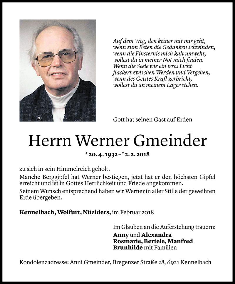  Todesanzeige für Werner Gmeinder vom 08.02.2018 aus Vorarlberger Nachrichten