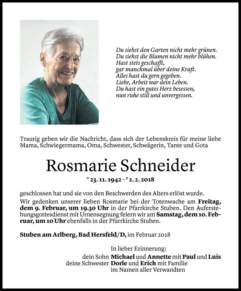  Todesanzeige für Rosmarie Schneider vom 07.02.2018 aus Vorarlberger Nachrichten