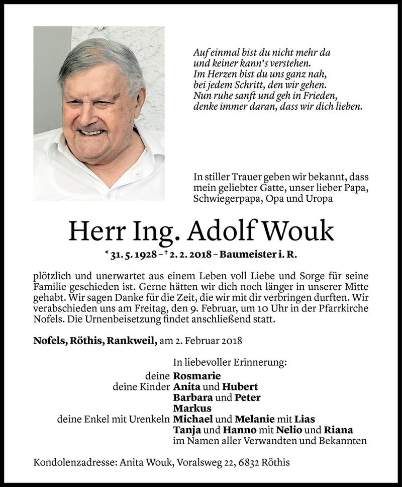  Todesanzeige für Adolf Wouk vom 06.02.2018 aus Vorarlberger Nachrichten