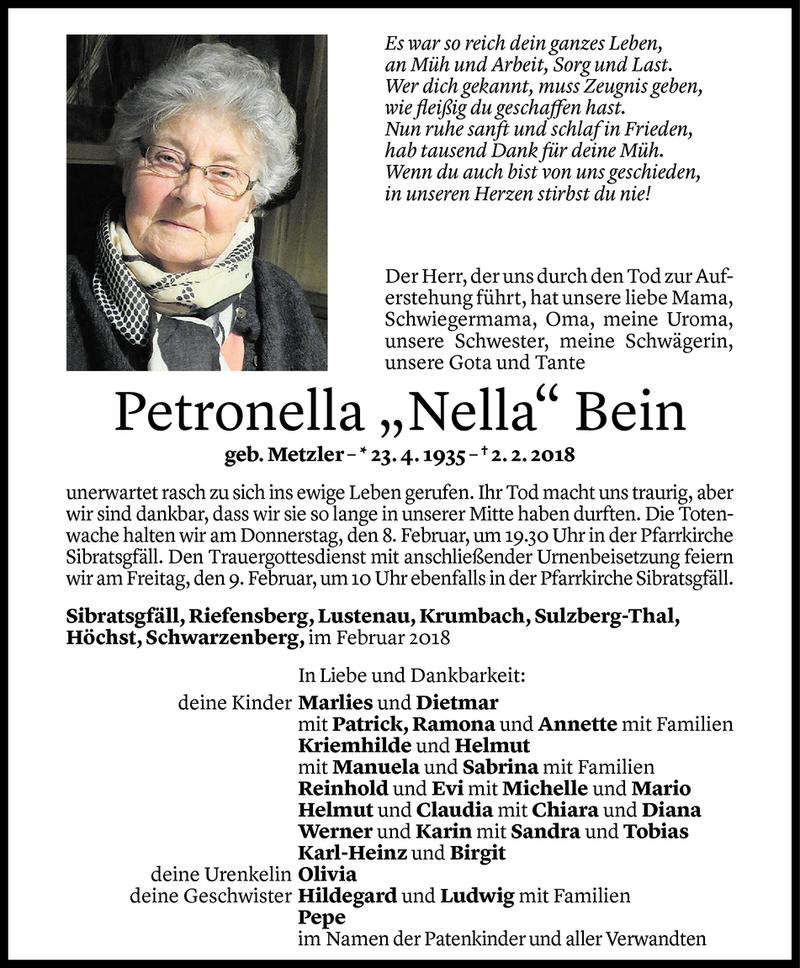  Todesanzeige für Petronella Bein vom 06.02.2018 aus Vorarlberger Nachrichten