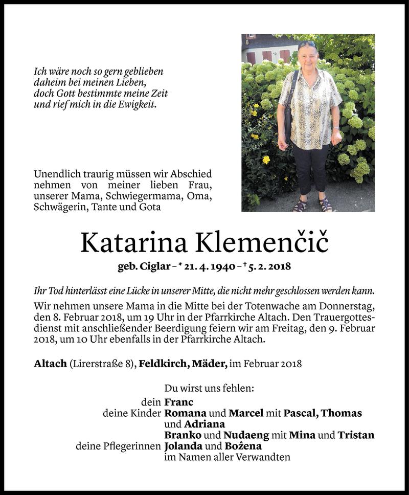  Todesanzeige für Katarina Klemencic vom 06.02.2018 aus Vorarlberger Nachrichten