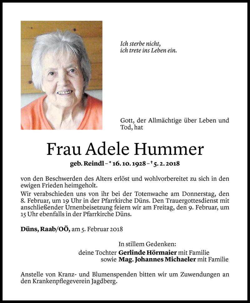  Todesanzeige für Adele Hummer vom 06.02.2018 aus Vorarlberger Nachrichten