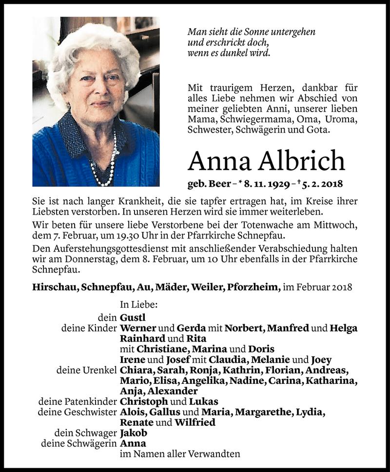  Todesanzeige für Anna Albrich vom 06.02.2018 aus Vorarlberger Nachrichten