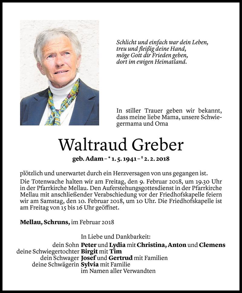  Todesanzeige für Waltraud Greber vom 07.02.2018 aus Vorarlberger Nachrichten