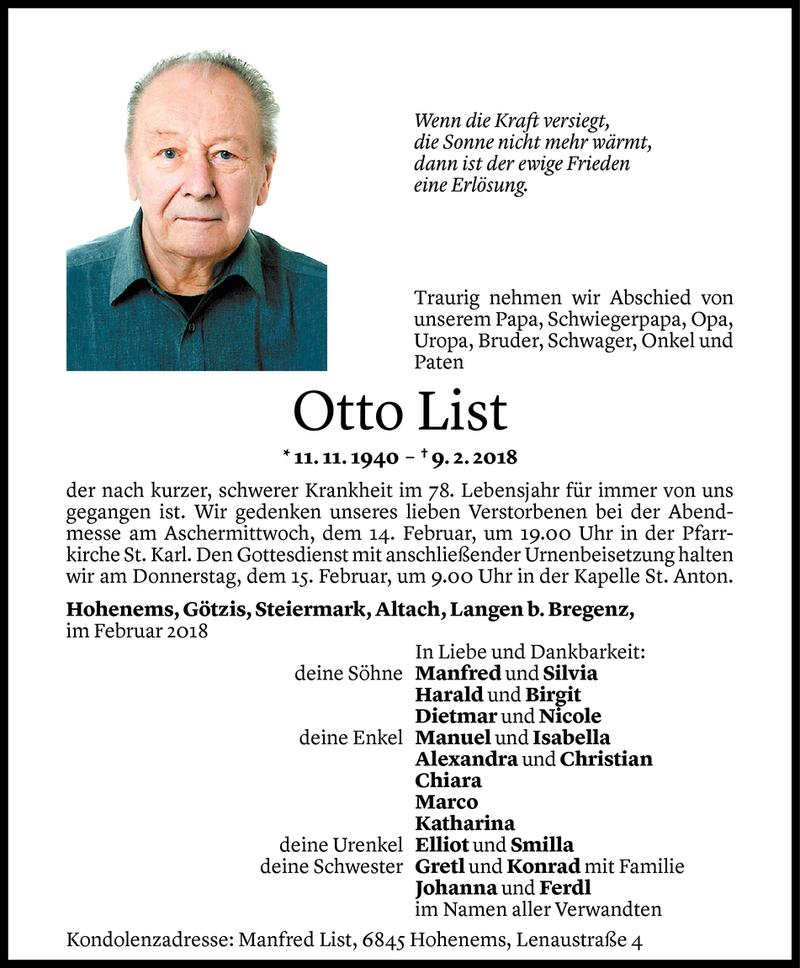  Todesanzeige für Otto List vom 10.02.2018 aus Vorarlberger Nachrichten