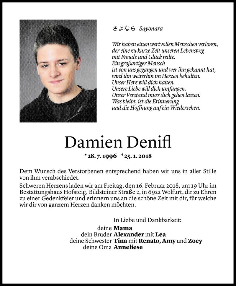  Todesanzeige für Damien Denifl vom 10.02.2018 aus Vorarlberger Nachrichten