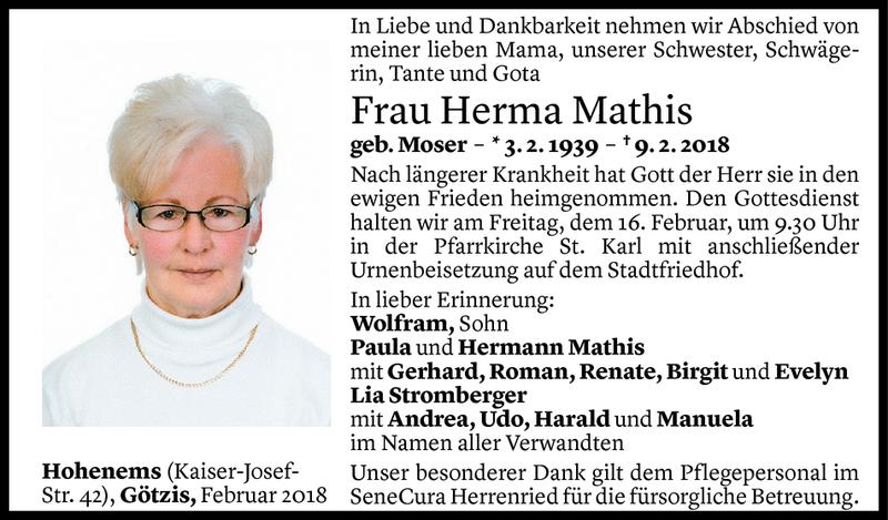  Todesanzeige für Herma Mathis vom 13.02.2018 aus Vorarlberger Nachrichten