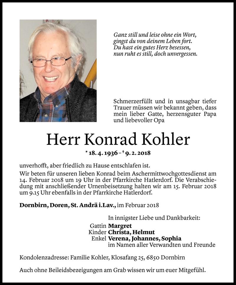  Todesanzeige für Konrad Kohler vom 12.02.2018 aus Vorarlberger Nachrichten