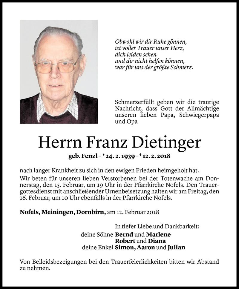  Todesanzeige für Franz Dietinger vom 13.02.2018 aus Vorarlberger Nachrichten