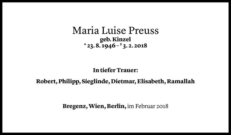  Todesanzeige für Maria Luise Preuss vom 13.02.2018 aus Vorarlberger Nachrichten