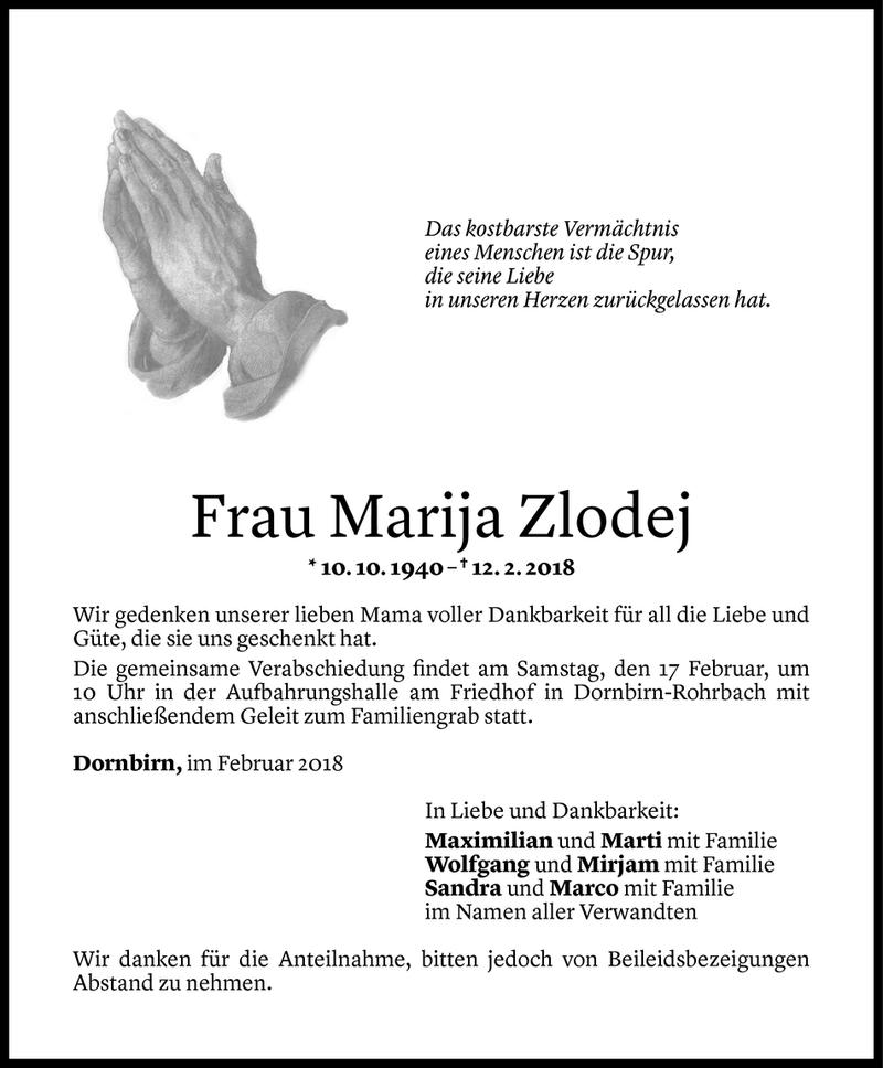  Todesanzeige für Marija Zlodej vom 15.02.2018 aus Vorarlberger Nachrichten