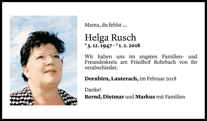  Todesanzeige für Helga Rusch vom 17.02.2018 aus Vorarlberger Nachrichten