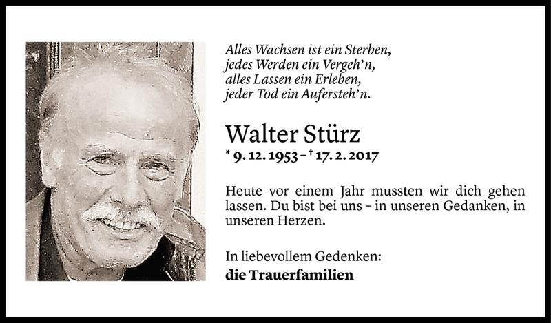  Todesanzeige für Walter Stürz vom 16.02.2018 aus Vorarlberger Nachrichten