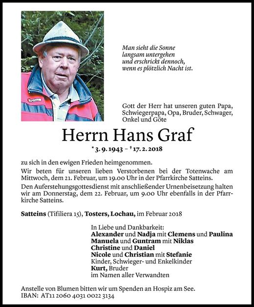 Todesanzeige von Hans Graf von Vorarlberger Nachrichten