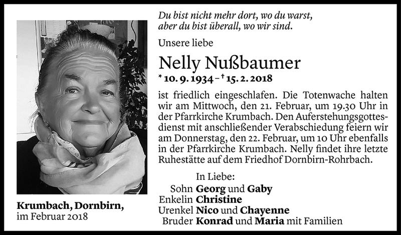  Todesanzeige für Nelly Nußbaumer vom 19.02.2018 aus Vorarlberger Nachrichten