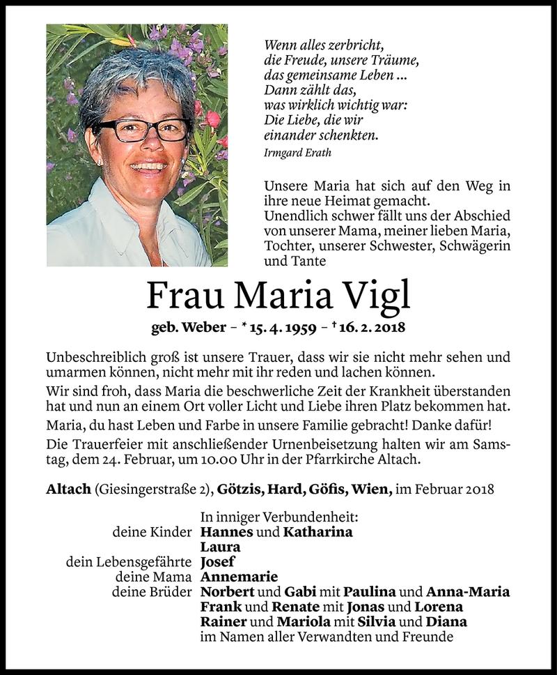  Todesanzeige für Maria Vigl vom 22.02.2018 aus Vorarlberger Nachrichten