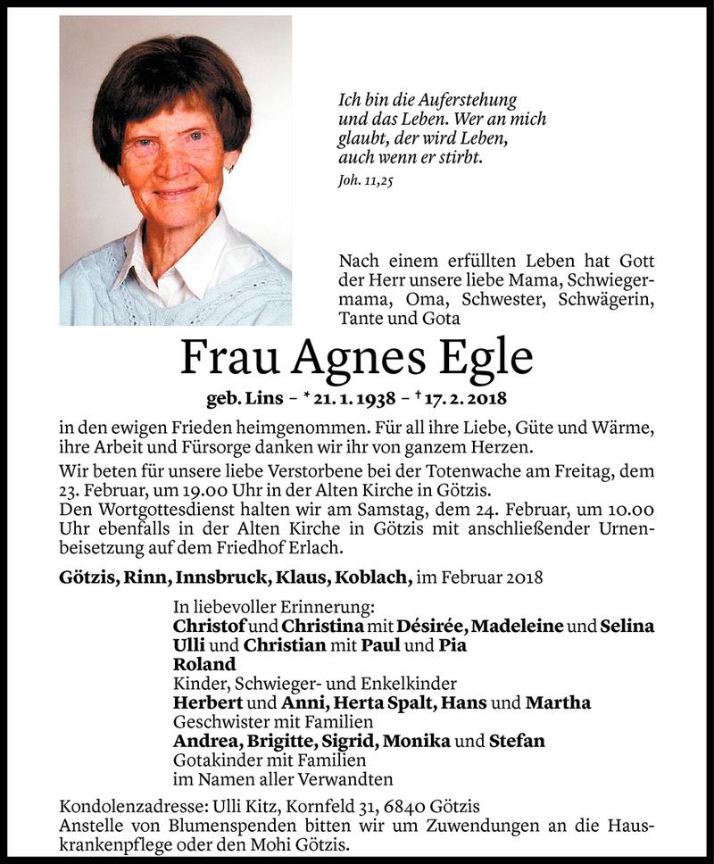  Todesanzeige für Agnes Egle vom 20.02.2018 aus Vorarlberger Nachrichten